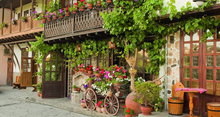Charmante traditionelle bulgarische Hausfassade geschmückt mit Weinreben, Blumen und rustikaler Dekoration