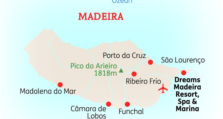 Illustrierte Karte der Insel Madeira mit wichtigen Städten und Sehenswürdigkeiten