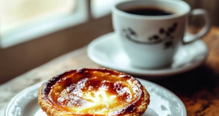 Traditionelle portugiesische Puddingtörtchen und eine Tasse Kaffee an einem sonnenbeschienenen Fenster