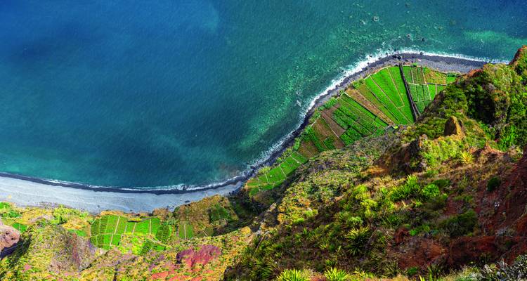 Luftaufnahme von schwindelerregenden Meeresklippen und terrassierten Feldern, die auf tiefblauen Ozean treffen