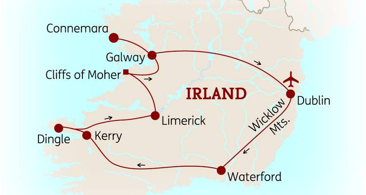 Illustrierte Reisekarte von Irland mit wichtigen Reisezielen und Reiseroute.