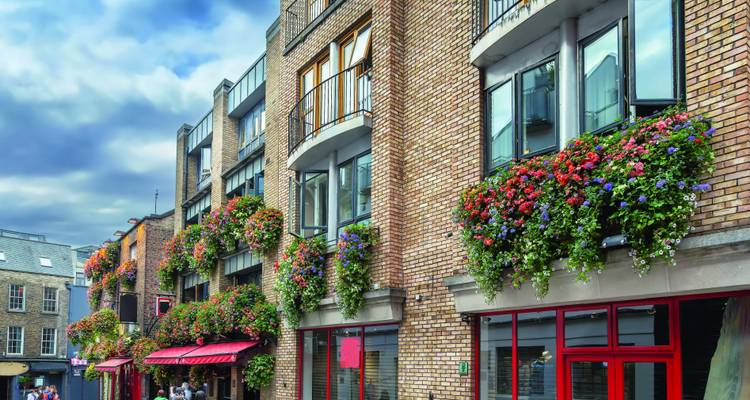Moderne Backsteinstraße in Dublin geschmückt mit hängenden Blumenkörben und bunten Schaufenstern unter einem blaugrauen Himmel.