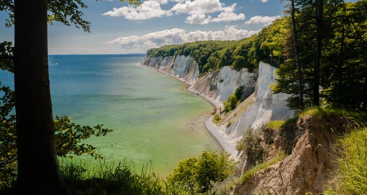 Vistas impresionantes de acantilados blancos de tiza y aguas turquesas del Mar Báltico a lo largo de la costa boscosa de la Isla de Rugen.