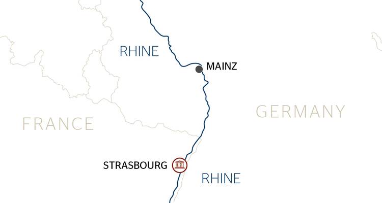 Carte simple montrant l'itinéraire du Rhin entre Strasbourg en France et Mayence en Allemagne.