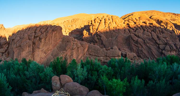 La lumière dorée illumine des formations rocheuses rouges spectaculaires au-dessus d'une oasis verdoyante d'arbres au coucher du soleil.