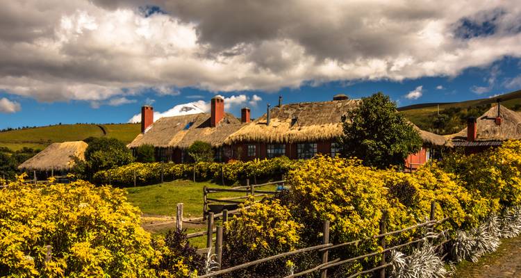 Strohgedeckte Hacienda umrahmt von leuchtend gelben Sträuchern unter dramatischen Wolken mit einem schneebedeckten Gipfel in der Ferne.