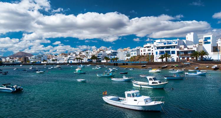 Fishing boats float on clear blue harbour waters with white seaside town and volcanic hills behind.