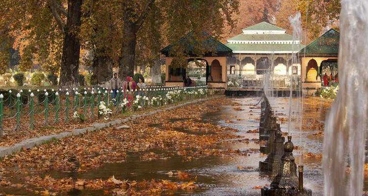 Jardin moghol historique avec fontaines bordé d'arbres chinars aux couleurs d'automne.