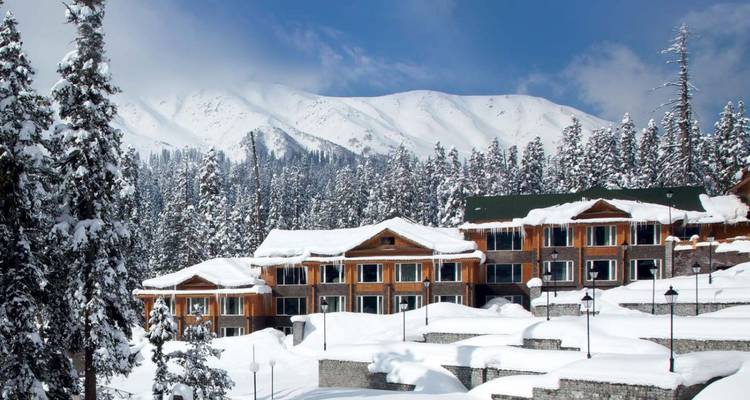 Chalets de station enneigés nichés parmi de grands pins avec des sommets poudreux en arrière-plan.