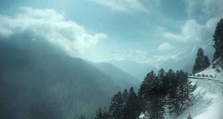 Schneebedeckte Alpenstraße, die sich durch dichte Tannenwälder unter einem düsteren Himmel windet.