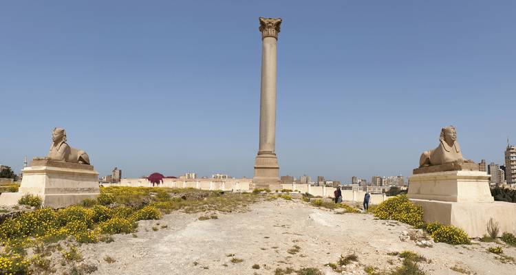 La Columna de Pompeyo flanqueada por dos estatuas de esfinges en una meseta rocosa con el horizonte urbano distante.