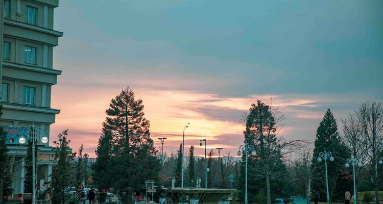 Parc urbain au coucher du soleil avec un ciel rose-orange derrière les silhouettes d'arbres, de lampadaires et d'une fontaine.