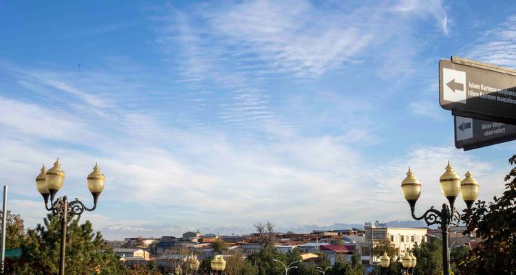 Vue urbaine avec des lampadaires ornés et des toits lointains sous un ciel bleu éclatant strié de nuages.
