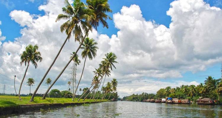 Palmengesäumter Kanal mit blauem Himmel und vereinzelten Wolken, typisch für die Backwaters von Kerala.