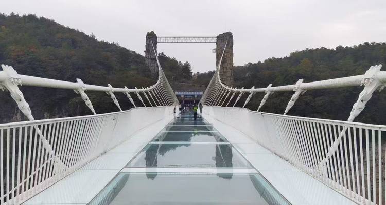 Vue plongeante sur un pont à fond de verre avec des garde-corps, des visiteurs se tenant près de la tour de soutien distante au milieu de falaises boisées.