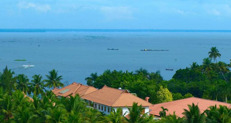 Vue panoramique sur les toits bordés de palmiers vers les backwaters du Kerala parsemés de petits bateaux de pêche.