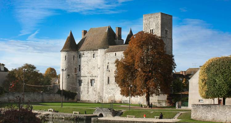 Mittelalterliche Steinburg mit spitzen Türmen, umgeben von Herbstbäumen unter blauem Himmel.