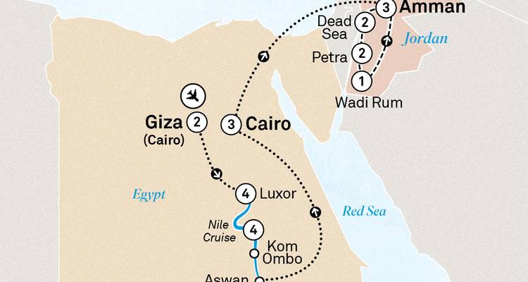 Reisekarte mit Reiseroute durch Ägypten und Jordanien mit Symbolen für Flüge und Kreuzfahrten.
