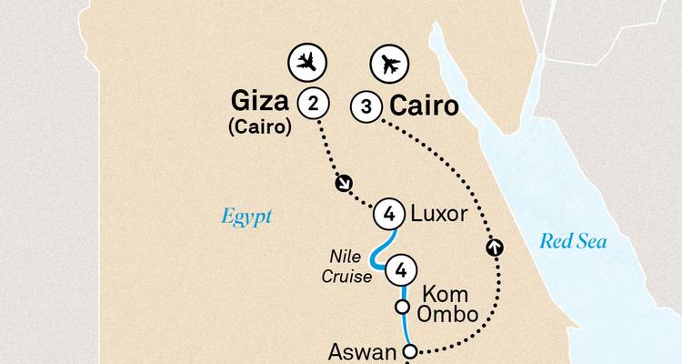 Simplified tour map of Egypt highlighting Cairo, Giza, Luxor and a Nile cruise route.