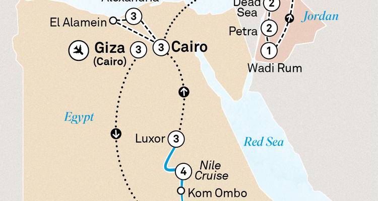 Detaillierte Tourenkarte mit Ägypten und Jordanien mit Routen, die Kairo, Petra und Wadi Rum verbinden.