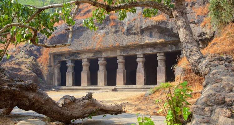 Uit de rots gehouwen zuilen bij de ingang van de Elephanta-grotten omgeven door ruw terrein