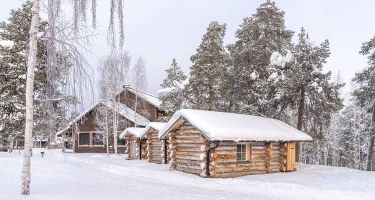 Een rij rustieke blokhutten staat te midden van een besneeuwde bos en creëert een serene winterscene.