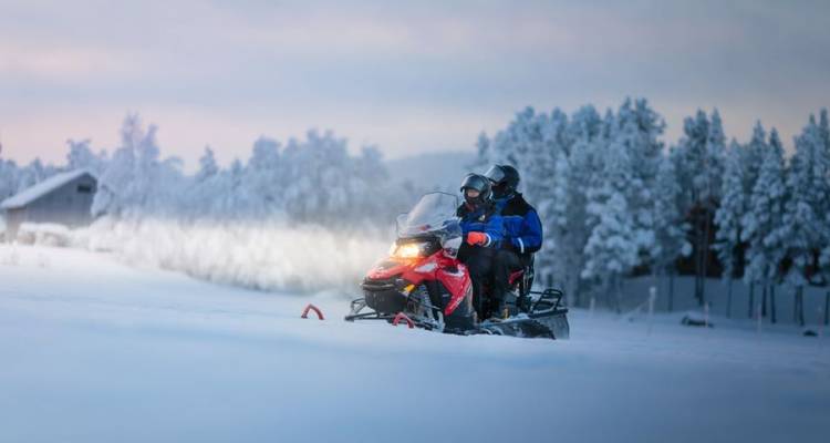Stel dat op een rode sneeuwscooter rijdt door een open besneeuwd veld met berijpte bomen