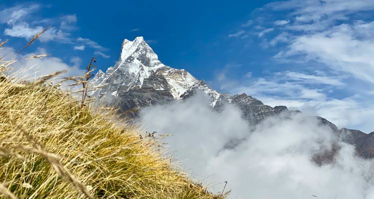 Iconic Machapuchare peak piercing blue sky above swirling cloud sea.