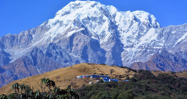 Blue-roofed teahouses below towering snow wall on grassy ridge.