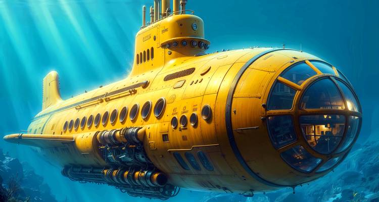Submarino turístico amarillo brillante navegando bajo la superficie del mar