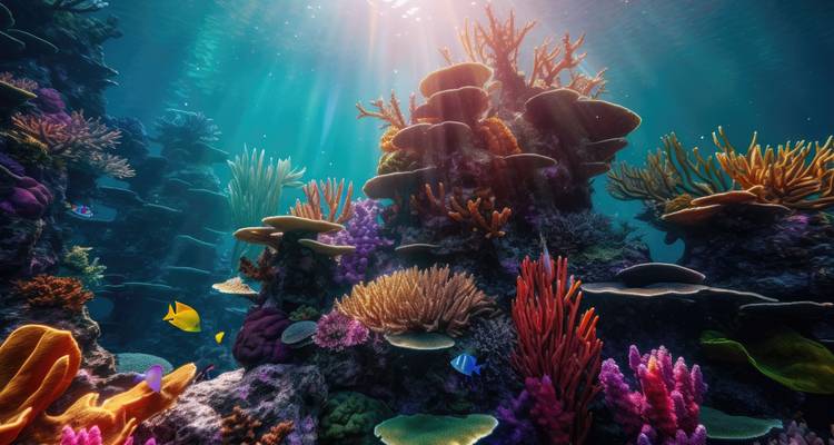Arrecife de coral vibrante con peces coloridos iluminado por rayos de sol filtrándose a través del agua turquesa