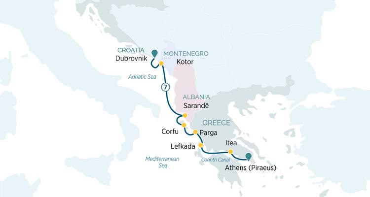 Mapa sencillo que muestra una ruta de navegación desde Dubrovnik hasta Atenas vía Corfú y Lefkada.