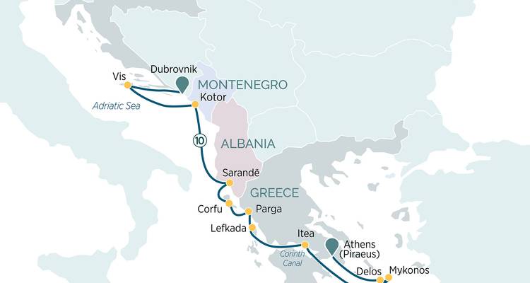 Carte montrant les liaisons de croisière entre Vis, Dubrovnik, Kotor, Corfou et Athènes.