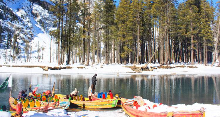 Des bateaux en bois colorés accostent sur un lac alpin clair bordé de neige, entouré de grands pins et de montagnes