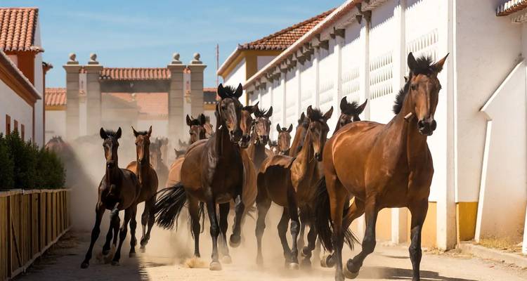 Dust cloud trails behind a spirited herd of brown horses racing through a sunlit farm corridor.