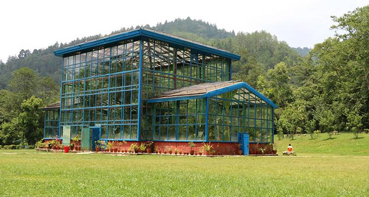 Vue de face d'une grande serre à structure d'acier bleue se dressant dans un champ herbeux ouvert.