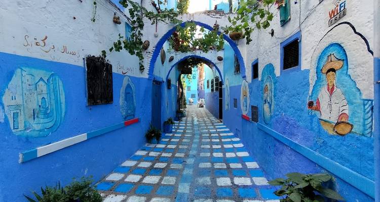 Schmale blaue Gasse in Chefchaouen, geschmückt mit Wandmalereien und rankenbewachsenem Bogen.