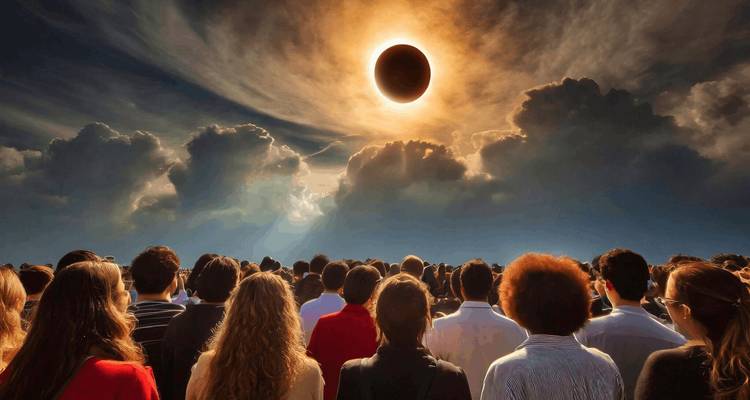 Gran multitud de personas mirando hacia arriba a un eclipse solar dramático sobre nubes de tormenta oscuras.