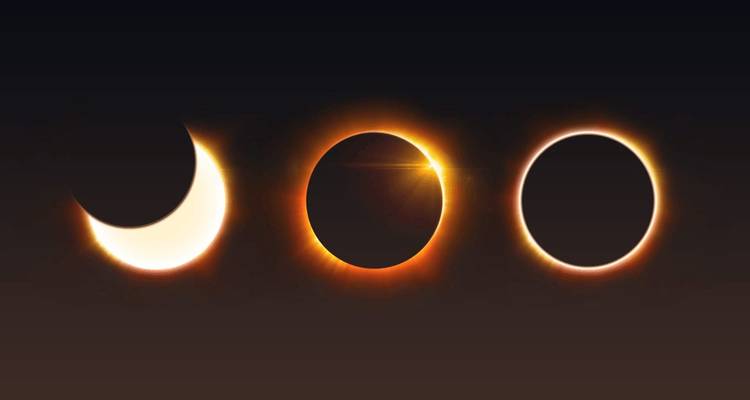Secuencia gráfica que muestra tres etapas de un eclipse solar contra un fondo de gradiente oscuro.