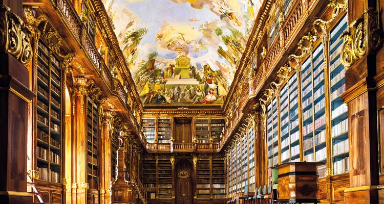 Salle de bibliothèque de style grand baroque avec des colonnes dorées ornées, des étagères en bois et une fresque peinte au plafond.
