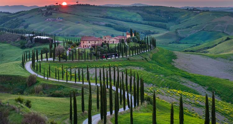 Ikonische gewundene zypressengesäumte Straße, die bei Sonnenuntergang zu einem toskanischen Bauernhaus über sanften grünen Hügeln führt