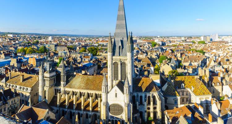 Vue aérienne de l'église Notre-Dame de Dijon avec ses toits de tuiles colorées au milieu du paysage urbain