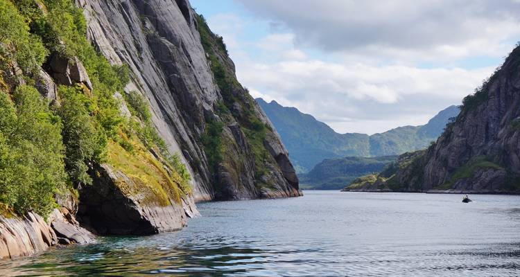 Schmaler Fjord mit steilen Felswänden und üppigem Grün, der zu fernen Bergen führt