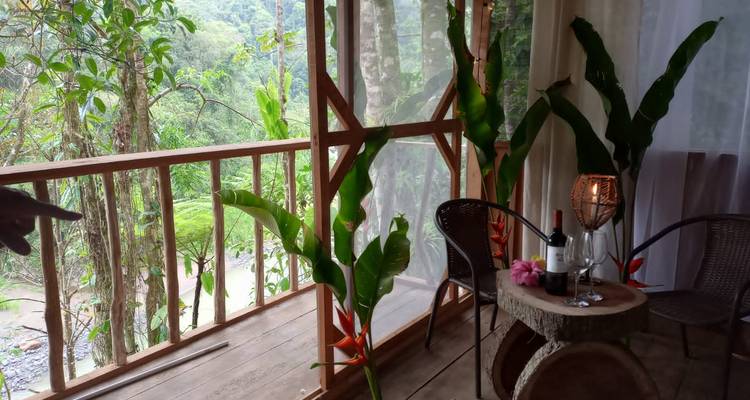 Wooden jungle lodge balcony with rainforest views, tropical flowers and a small table set with wine and glasses.