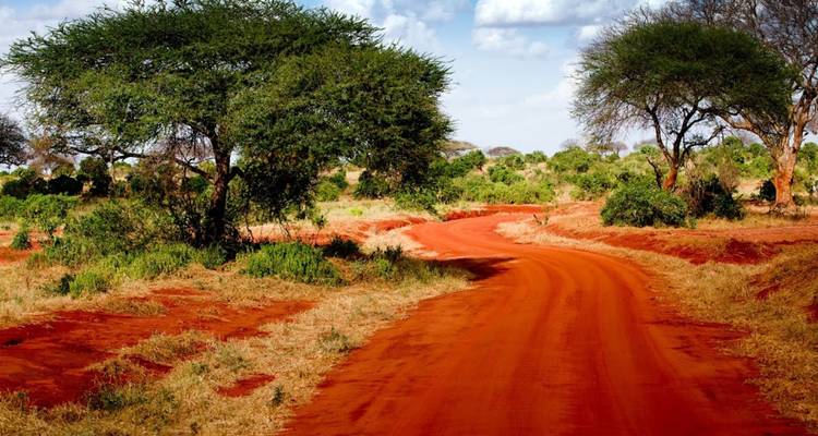 Piste de terre rouge serpentant à travers la savane sèche parsemée d'acacias sous un ciel partiellement nuageux.
