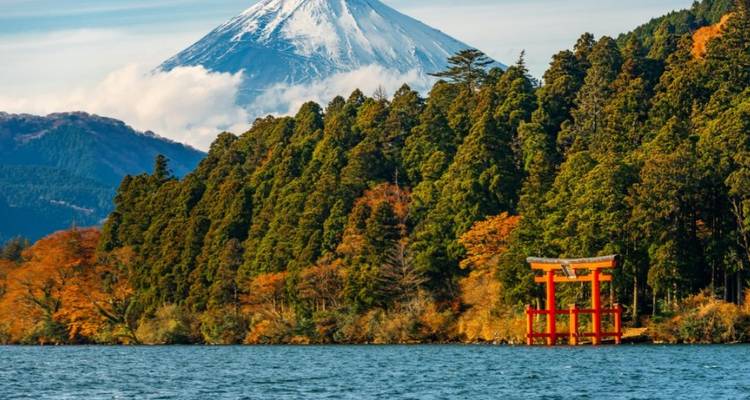 Levendige rode torii-poort op het Ashi-meer met besneeuwde berg Fuji die erachter oprijst.