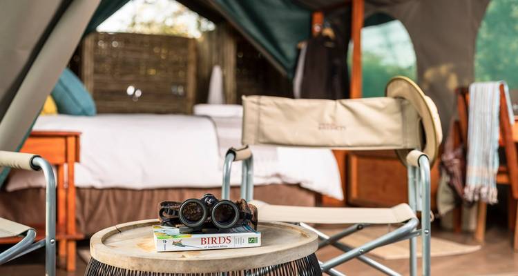 Des jumelles et un guide d'oiseaux reposent sur une petite table à côté d'une chaise de safari en toile dans une tente.