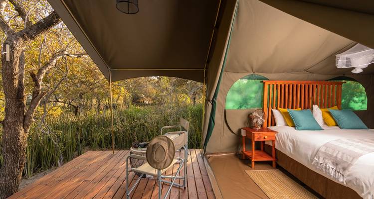 Une suite sous tente confortable s'ouvre sur une terrasse en bois avec vue sur le bushveld doré.