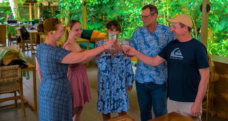 Vrienden heffen glazen in feestelijke toast in luchtige tropische eetruimte.