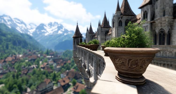 Terrasse de château bordée de jardinières en pierre surplombant une vallée pittoresque et des sommets enneigés.